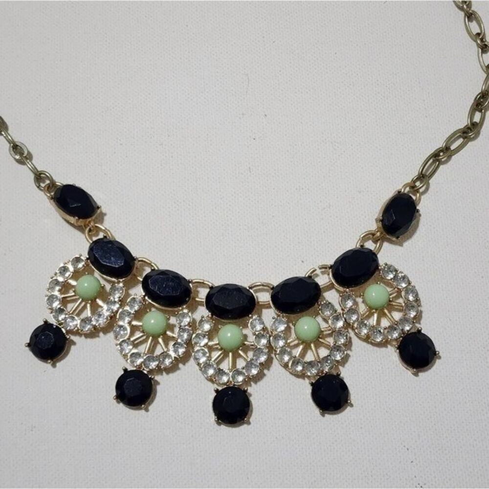 J. Crew Black Mint Green Crystal Gold Tone Bib Statement Art Deco Necklace